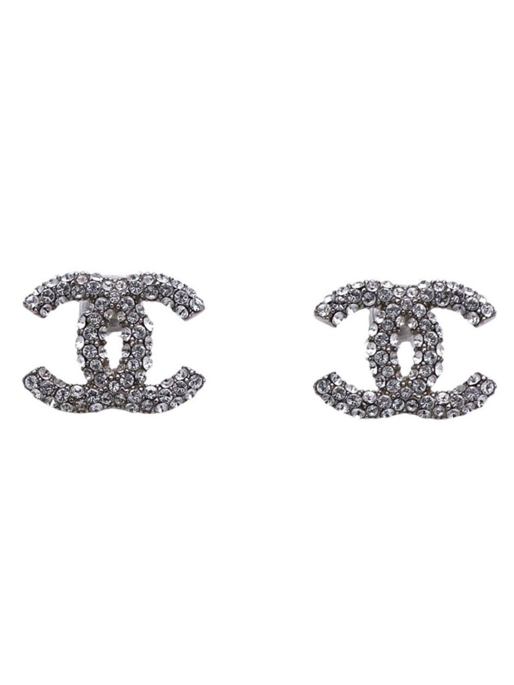 Chanel Earrings Rhinestone CC Logo Silver Small